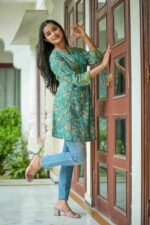 Polyester Women's Floral Placement 3/4 Sleeve and Keyhole Neck Printed Short Kurti - Image 4