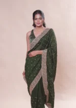Bottle Green Zariwork Soft Silk Saree - Image 3