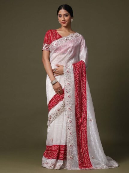 Womens Tissue White Embellished Designer Saree With Unstitched Blouse
