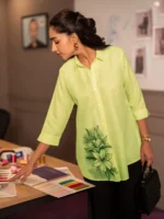 Lime Printed Cotton Blend Straight Short Kurti - Image 4