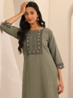 Taupe Printed Cotton Blend Straight Kurta - Image 5