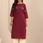 Red Printed Cotton Blend Straight Kurta