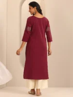 Red Printed Cotton Blend Straight Kurta - Image 3