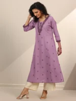 Lavender Woven Cotton Blend A-Line Kurta - Image 2