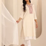 Off White Yoke Design Cotton Blend Straight Kurta