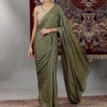 Gold and Green Sequin Embellished Crop Top and Pre-Stitched Saree (Set of 2)