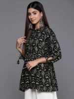 Black Printed Rayon A-Line Kurti - Image 2