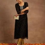 Black Woven Design Chanderi Silk Straight Kurta