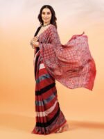 Handprinted Ajrakh On Cotton Multi-Color Saree With Running Blouse - Image 4