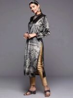 Grey Printed Velvet Straight Kurta - Image 2