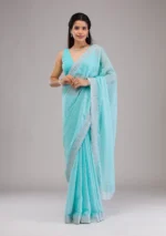 Sky Blue Stonework Georgette Saree - Image 3
