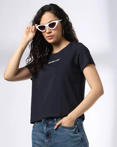 473Wx593H-443065531-navy-MODEL.webp Women Embroidered Regular Fit Crew-Neck T-Shirt - Image 1