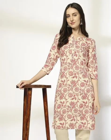 473Wx593H-443067483-offwhite-MODEL.webp Women Floral Print Straight Kurta - Image 1