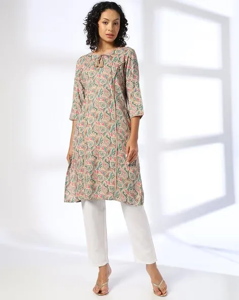 473Wx593H-443074980-beige-MODEL-1.webp Women Paisley Print Straight Kurta with Neck Tie-Up - Image 1